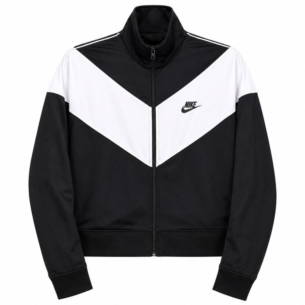 Nike Sportswear Track Jacket Women Large Black White Full Zip Colorblock Cropped